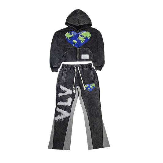Black hoodie and pants set with heart-shaped Earth design on a white background