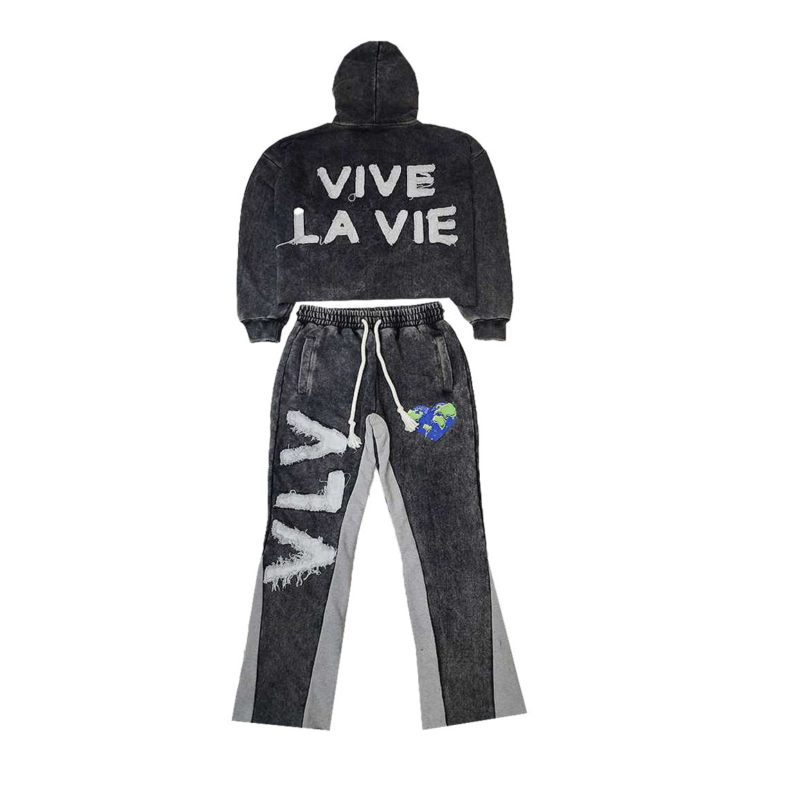 Black hoodie and pants set with 'Vive La Vie' text on a white background